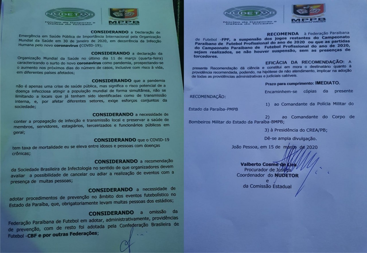 RECOMENDAÇÃO MP - Ministério Público da Paraíba recomenda paralisação do estadual ou jogos sem torcida