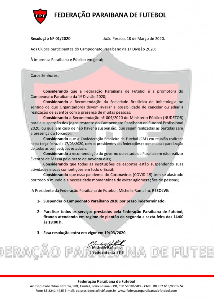 resolução fpf suspende paraibano - Federação Paraibana de Futebol decide suspender Campeonato Estadual