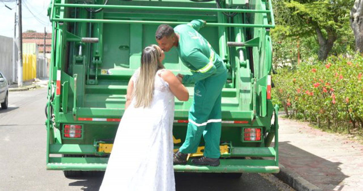 ensaio casamento caminhao capa - Noiva faz ensaio de casamento em caminhão de lixo para homenagear profissão do marido