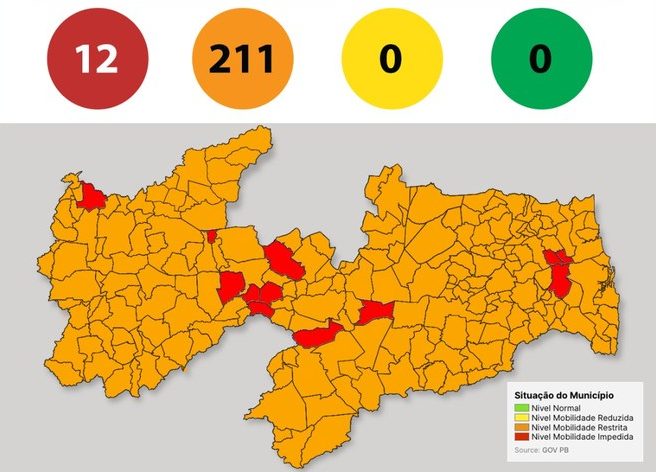 mapa paraiba e1622314381307 - Paraíba tem 95% dos municípios em bandeira laranja na 26ª avaliação do Plano Novo Normal