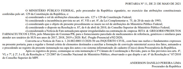 mpf coremas - MPF investiga supostas irregularidades em compras de remédios por prefeitura da PB - VEJA DOCUMENTO