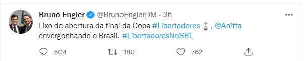 bruno engles twitter - Deputado critica performance de Anitta na final da Libertadores: "Lixo de abertura"