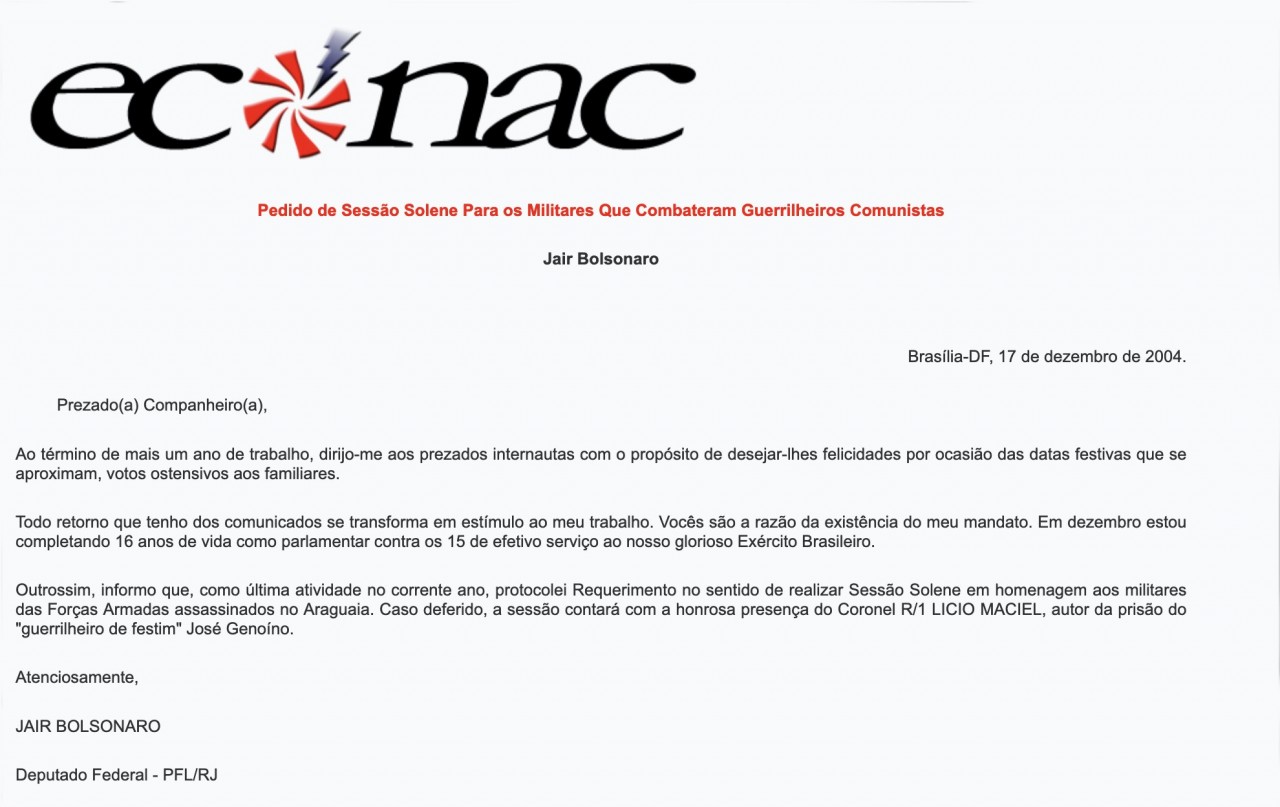 econac print - Pesquisadora encontra carta de Bolsonaro publicada em sites neonazistas
