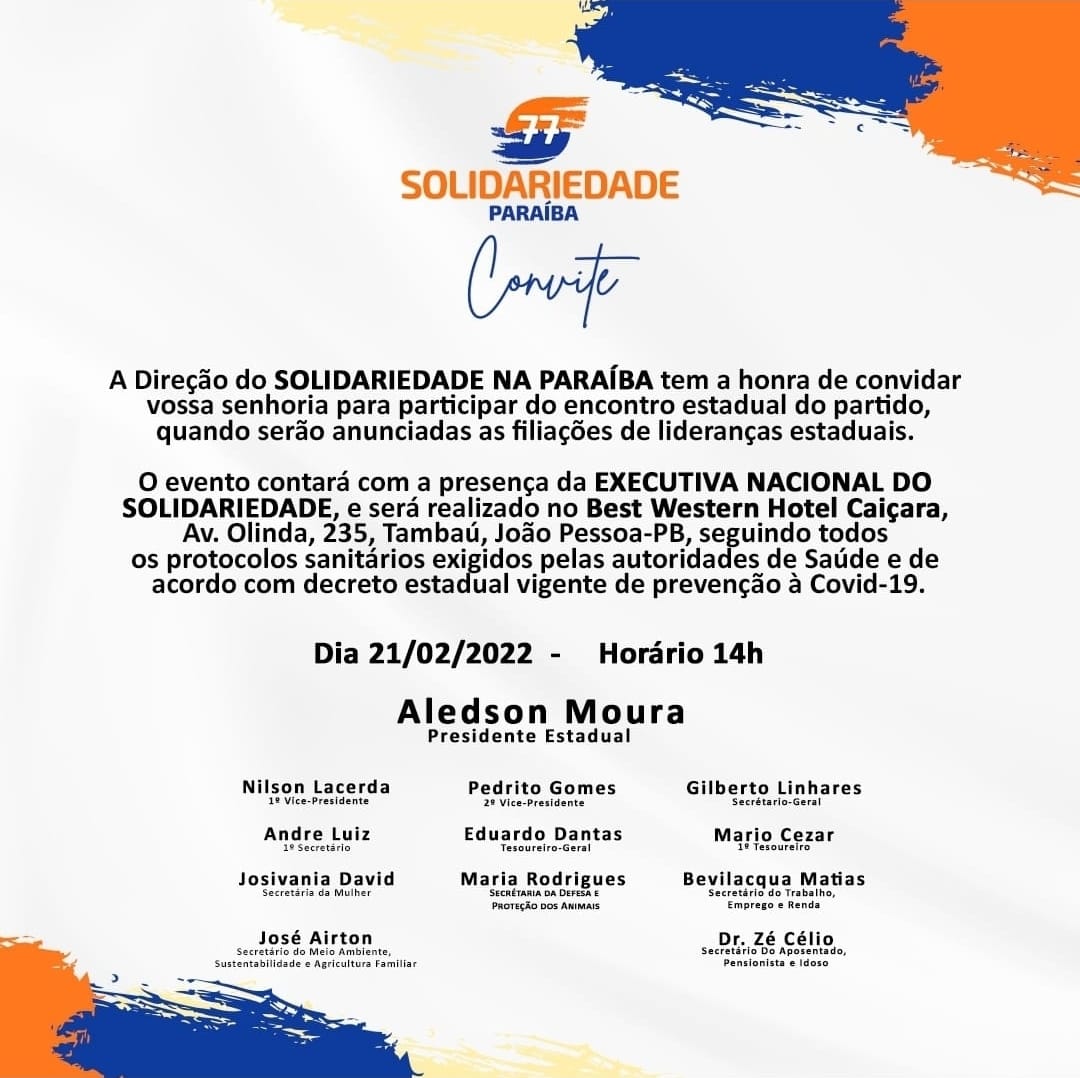 WhatsApp Image 2022 02 20 at 12.58.33 - Solidariedade promove ato de filiações nesta segunda (21) em João Pessoa