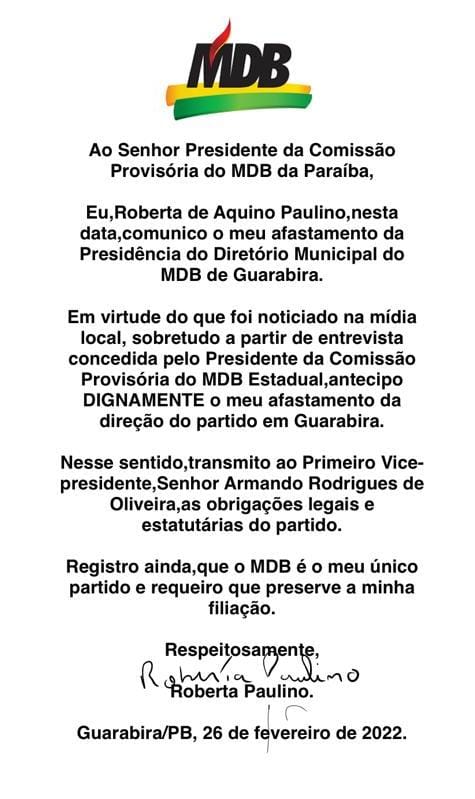 nota roberta paulino - Roberta Paulino, filha do ex-governador Roberto Paulino, entrega presidência municipal do MDB em Guarabira
