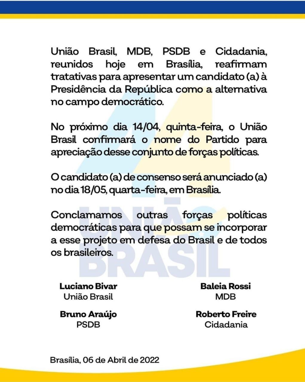 WhatsApp Image 2022 04 06 at 19.37.48 - TERCEIRA VIA: União Brasil, MDB, PSDB e Cidadania se juntam para candidatura única; nome deve ser lançado dia 18