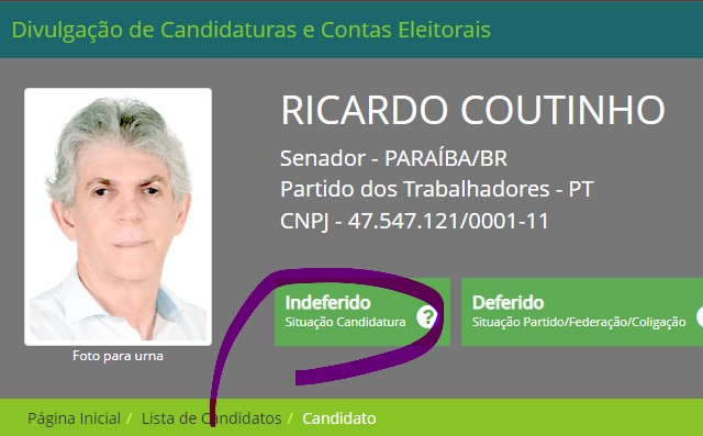 Captura de tela 2022 09 11 192525 - Ricardo Coutinho já aparece com registro indeferido no Divulgacand, sistema do TSE
