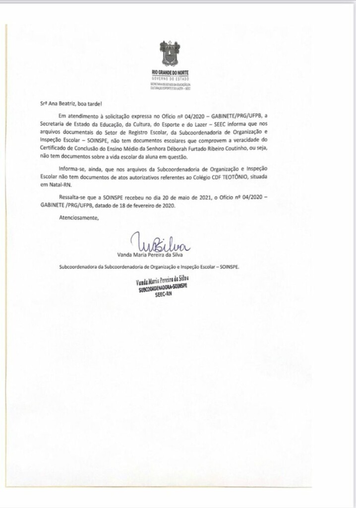 Socialite paraibana é denunciada por advogado após ter ingressado na UFPB  com suposto diploma de conclusão do Ensino Médio falso - VEJA DOCUMENTOS -  Polêmica Paraíba - Polêmica Paraíba