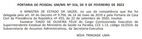 portaria tiago felix - Ministra Nísia Trindade exonera superintendente do Ministério da Saúde na Paraíba - VEJA DOCUMENTO