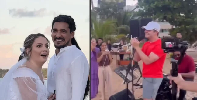 Casal é surpreendido com "palinha" de Matheus, da dupla com Kauan, durante casamento na Orla de JP