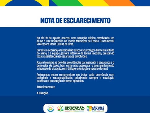 Prefeitura de São José dos Ramos esclarece situação ocorrida em escola municipal
