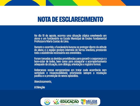 Prefeitura de São José dos Ramos esclarece situação ocorrida em escola municipal