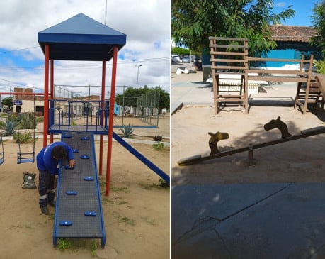 Secretaria de Infraestrutura realiza manutenção nos brinquedos dos parques de Monteiro