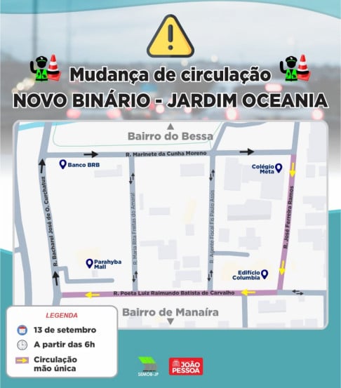 Jardim Oceania: Semob-JP implanta binário com ruas de sentido único a partir deste sábado