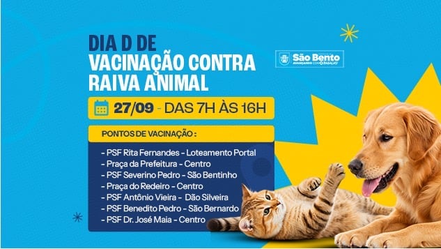 Prefeitura de São Bento promove Dia D de Vacinação Contra a Raiva Animal