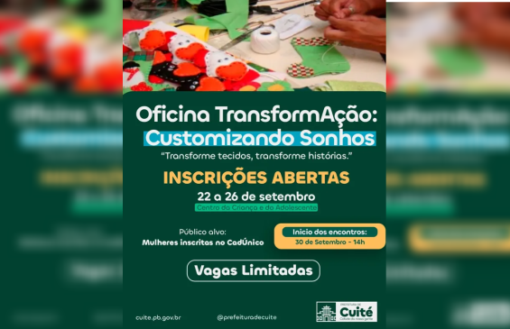 Inscrições para oficina de customização promovida pela Prefeitura de Cuité terminam nesta sexta-feira